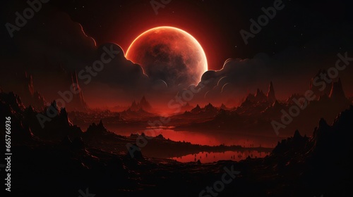 Total solar eclipse of a gigantic sun above the ominous rocks, fantastic red landscape. © junky_jess