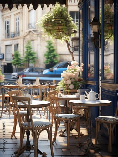 Tables on the street in a Italian outdoor local summer cafe in the morning, no people, vertical photo, selective focus.