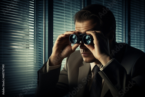 the man see through the blinds window with binoculars, observation of spy at work, detective, Generative Ai
