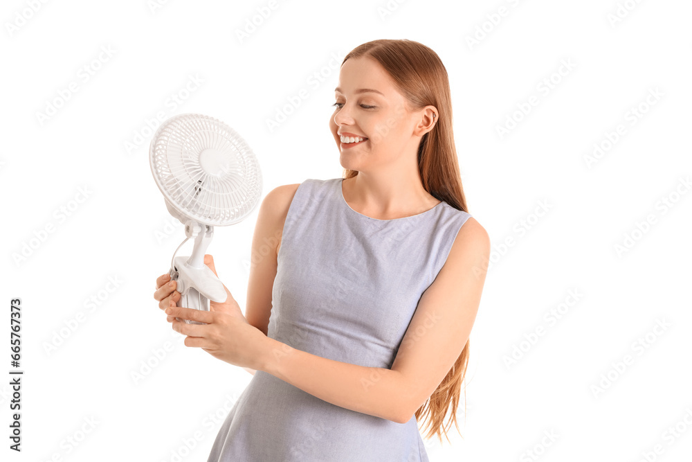 Young woman with electric fan on white background Young woman with electric fan on white background
