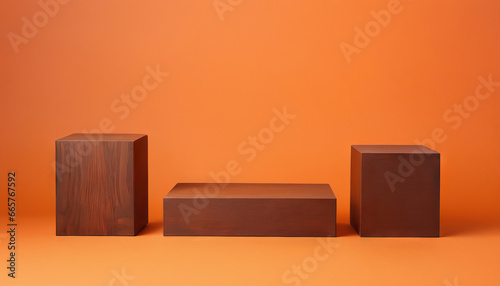 Wallpaper Mural Three brown wooden rectangle cube product stage podium on orange background Torontodigital.ca