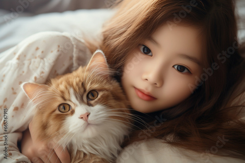A beautiful cute girl with a cute cat  Attractive look  generative ai 