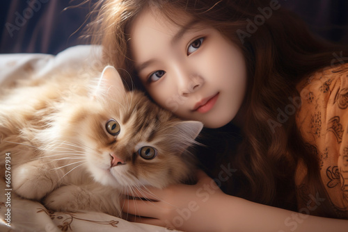 A beautiful cute girl with a cute cat, Attractive look, generative ai,