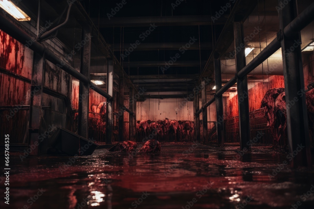 butchery slaughterhouse. Horror grungy and bloody warehouse room interior. Blood covered concrete floor. Blood dripping down walls. Dark concrete interior. Glossy dark blood pool.  - obrazy, fototapety, plakaty 