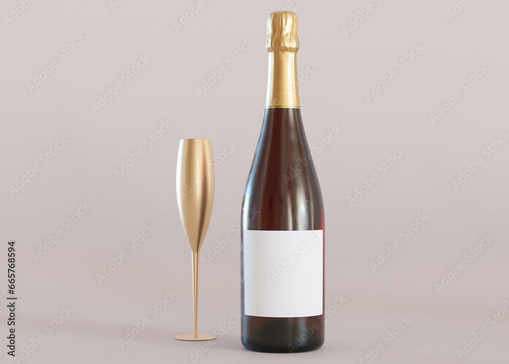 White, blank label on champagne bottle. Template for your design, advertising, logo. Label mock up. Close-up view. Copy space. Minimalist bottle sticker mockup. 3D rendering. White, blank label on champagne bottle. Template for your design, advertising, logo. Label mock up. Close-up view. Copy space. Minimalist bottle sticker mockup. 3D rendering.
