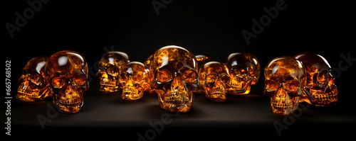 Glass Skulls Wide Halloween Decorations on Black Background. Generative ai