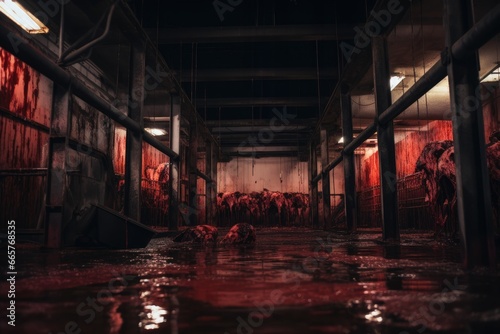 butchery slaughterhouse. Horror grungy and bloody warehouse room interior. Blood covered concrete floor. Blood dripping down walls. Dark concrete interior. Glossy dark blood pool. 