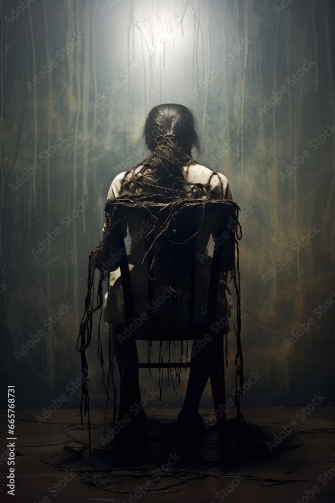 Fototapeta premium Woman tied onto a wood chair with ropes. Silhouette. Dark room. Hostage in captivity. Woman abuse. Old dark spooky concrete room prison. imprisoned, imprisonment. Torture. Hostage. Serial Killer