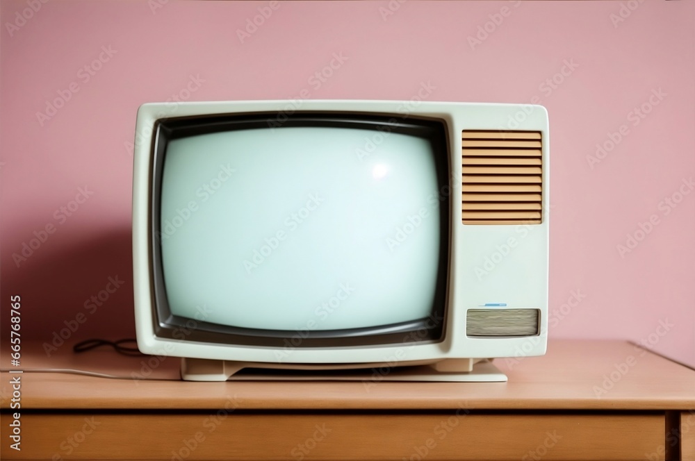 A retro television on a table in a soft background, retro television concept, World Television Day, generative AI