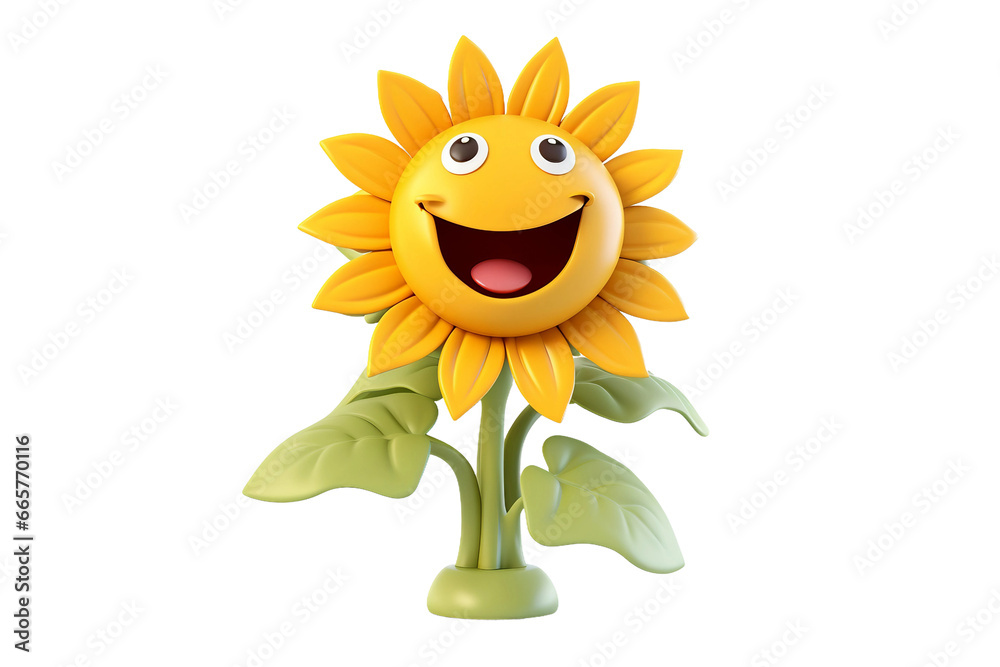3D Icon of a Friendly Waving Sunflower with a Smile on transparent background.