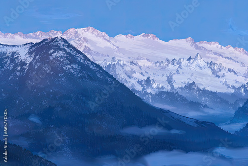 Generated IAI. Illustration of snow-capped mountains of the Pyrenees.