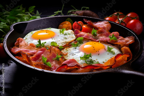 English breakfast with fried eggs and bacon.