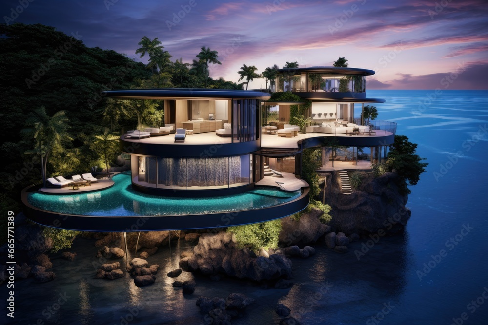 3D render of a luxury house on the seashore, Island in the middle of the ocean with an extremely luxurious black and pastel walled villa surrounding a huge jungle at night, AI Generated