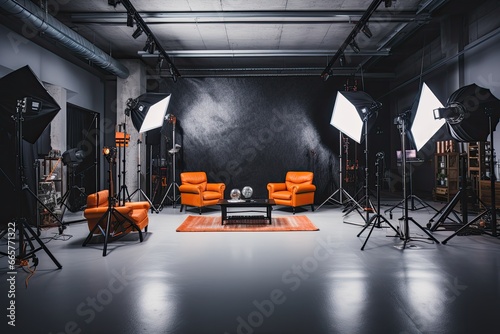Interior of modern photo studio with orange armchairs and lighting equipment, Interior of modern photo studio with professional equipment, AI Generated photo