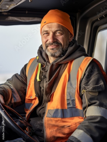 Truck driver. The portrait of mature and self confident truck driver. Hard working man
