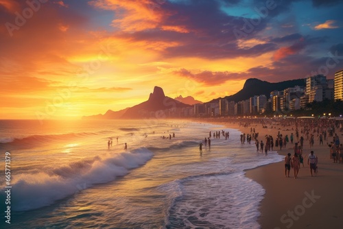 Sunset at Copacabana beach, Rio de Janeiro, Brazil, Ipanema beach in Rio de Janeiro on a gorgeous sunset, AI Generated
