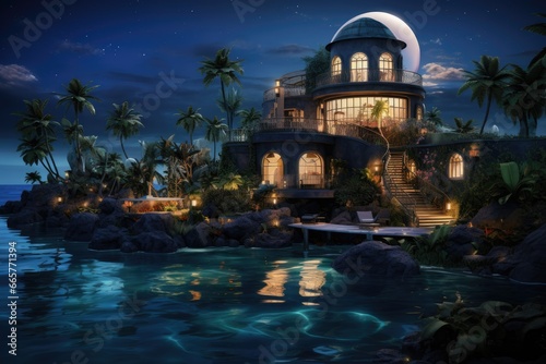 3D rendering of a tropical island with palm trees in the night, Island in the middle of the ocean with an extremely luxurious black and pastel walled villa surrounding a huge jungle, AI Generated