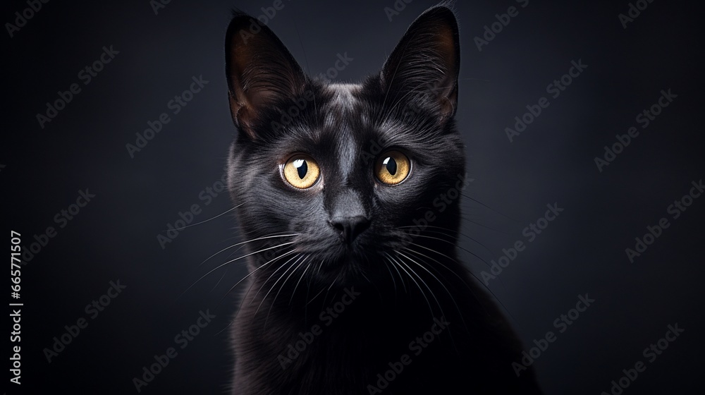 Closeup portrait black cat The face in front of eyes is yellow. Halloween black cat Black background