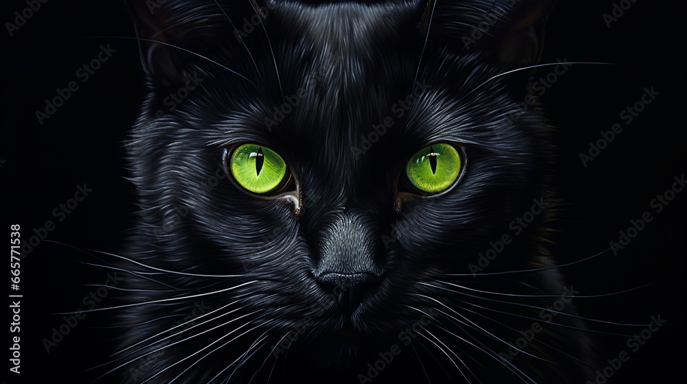 Green cat eyes glow in the dark on a black background, close up of a black cat's face.