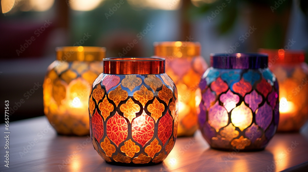 Moroccan-inspired lantern-style candleholders, creating a mosaic of colors and patterns when the candles are lit Moroccan-inspired lantern-style candleholders, creating a mosaic of colors and patterns when the candles are lit