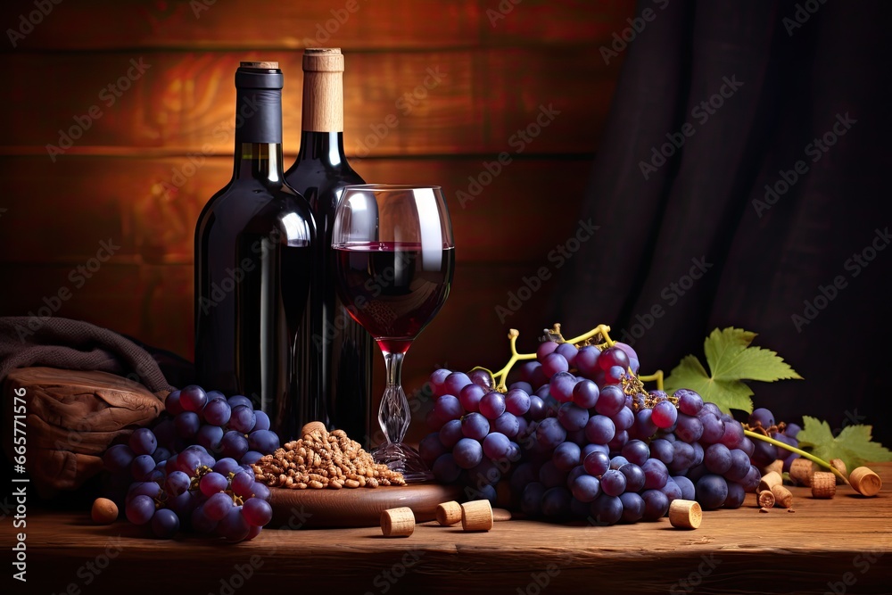 Bottle and glass of red wine, grapes and nuts on wooden background, Juicy blue grapes and bottles of red wine on a brown background, AI Generated