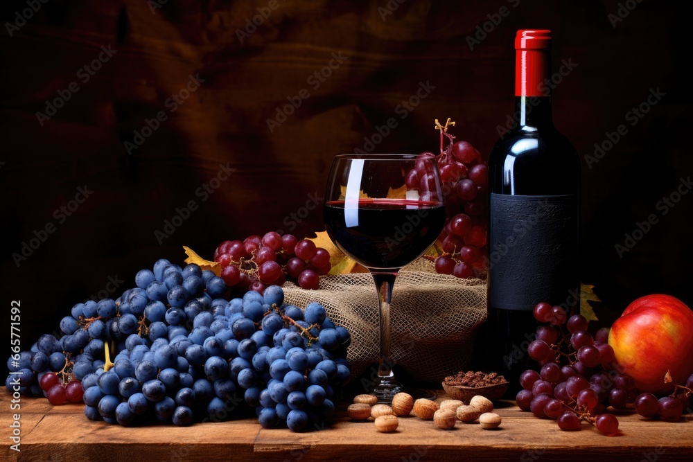 Still life with red wine, grapes and nuts on a wooden background, Juicy blue grapes and bottles of red wine on a brown background, AI Generated