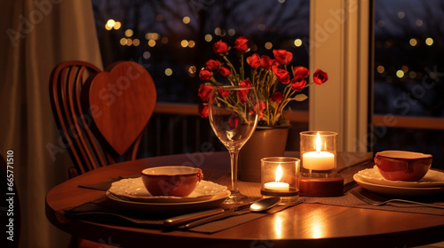 A romantic dinner scene with two heart-shaped candleholders illuminating a table for two, evoking love and intimacy