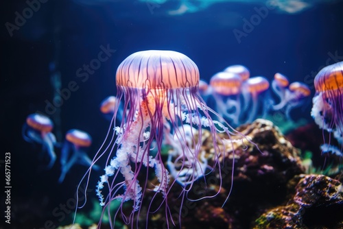 Beautiful jellyfish in the aquarium. Underwater world. Marine life, Jellyfish in the aquarium. Picture of a beautiful jellyfish, AI Generated