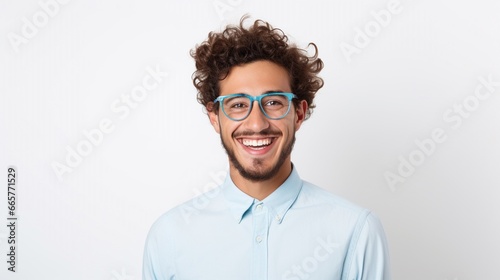 Indoor portrait of handsome European dressed up young man isolated on white background dressed in white formal shirt standing in front of camera, feeling positive, joyful and confident. photo