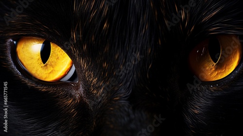 Orange cat eyes glow in the dark on a black background, close up of a black cat's face. © JW Studio