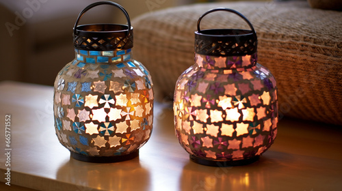 Moroccan-inspired lantern-style candleholders, creating a mosaic of colors and patterns when the candles are lit