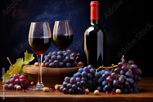 Wine composition. Glasses of red and white wine, bunch of grapes and corkscrew on dark background, Juicy blue grapes and bottles of red wine on a brown background, AI Generated