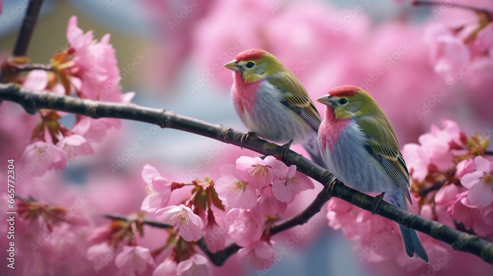 A pair of finches flitting through a garden, their emerald green plumage contrasting against the delicate pink of cherry blossoms.