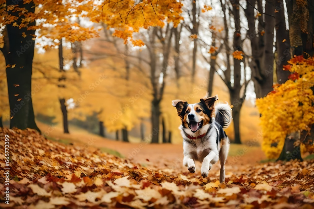 Obraz premium person walking with dog in autumn park