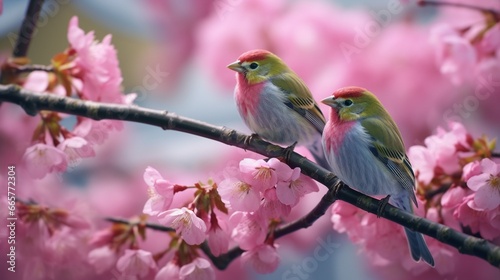 A pair of finches flitting through a garden, their emerald green plumage contrasting against the delicate pink of cherry blossoms. © Sajawal