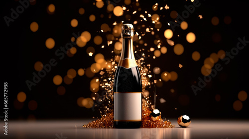 Champagne bottle on black background. Sparkling lights and bokeh. exuding a sense of celebration and sophistication
