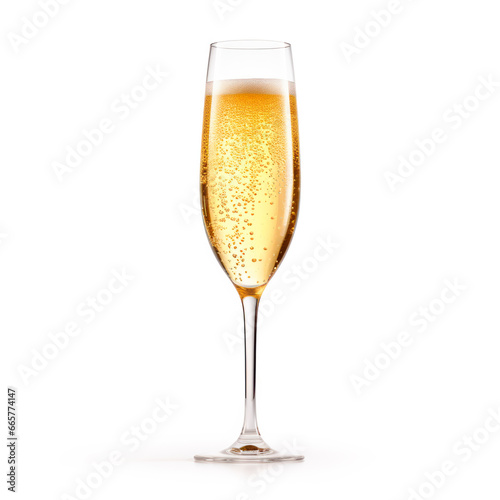 A crystal-clear flute glass of champagne isolated on white background