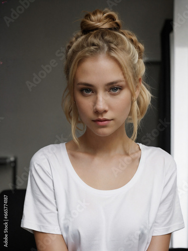 Beautiful blonde girl in a white T-shirt looks at the camera