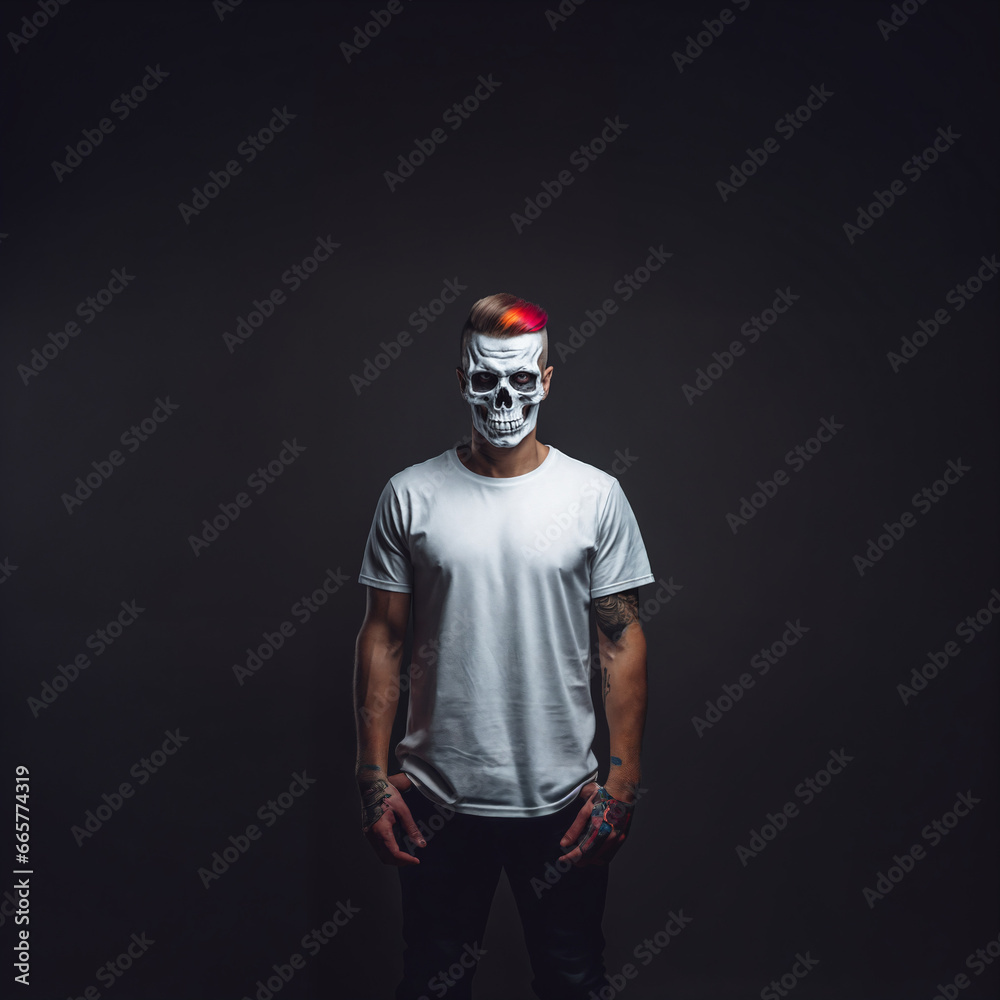 A guy with a skull instead of a face and colored hair on a black background