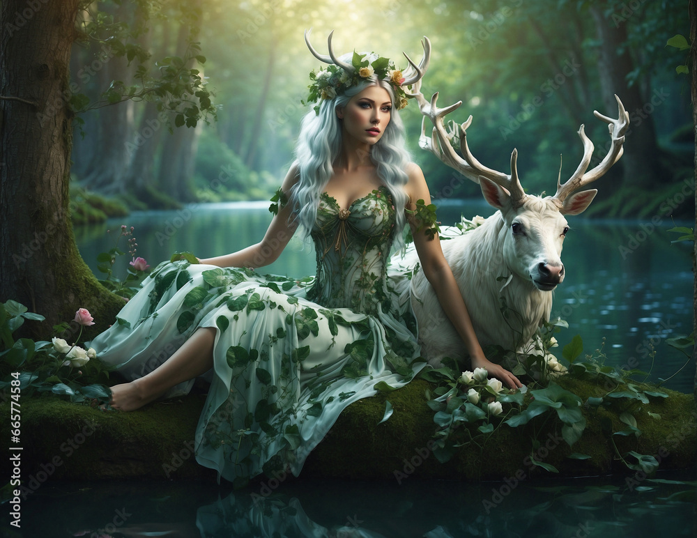 fairy tale princess with white deere, ai generated fairy tale princess with white deere, ai generated