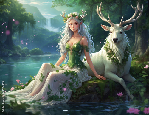fairy tale princess with white deere, ai generated
