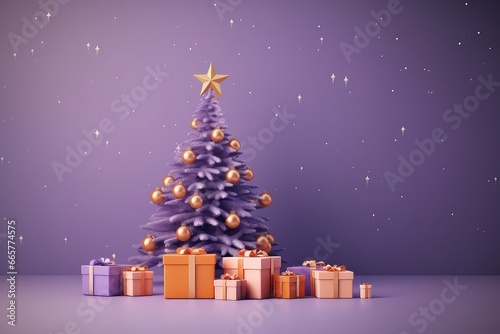 Background Featuring Gift Boxes, Stars, And Beautifully Decorated Christmas Tree