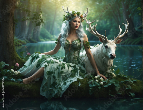 fairy tale princess with white deere, ai generated