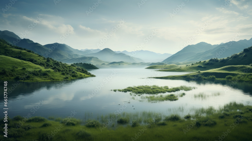 A murky lake is nestled between two steep hills, its surface rippling in the gentle breeze
