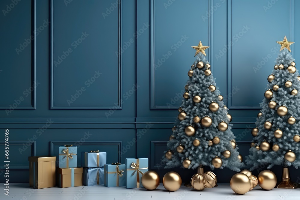 Bluethemed Christmas Interior Embellished With Golden Decorations