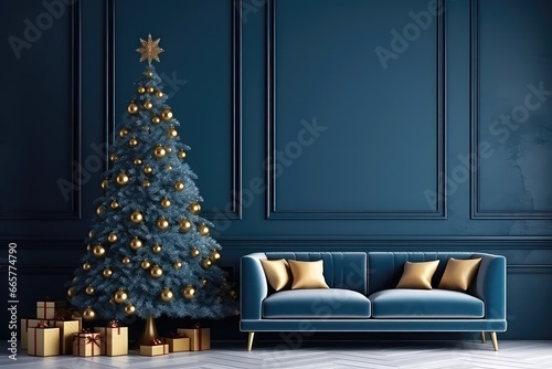 Bluethemed Christmas Interior Featuring Blue Walls, Sofa, And Golden Decorations