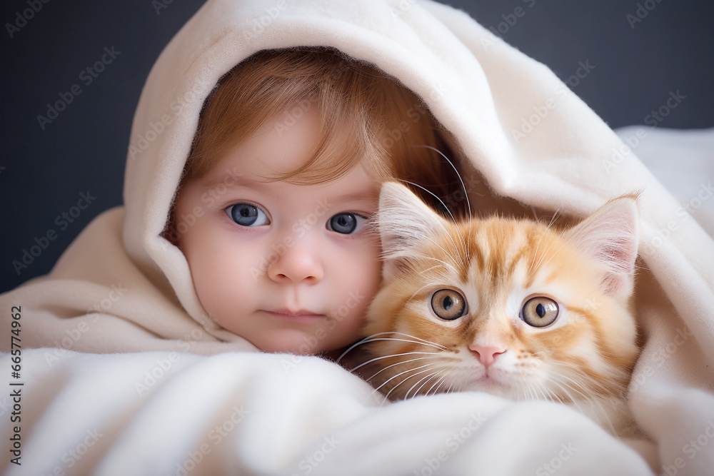 A cute little baby with a cute kitten, Adorable and innocent look, generative ai. A cute little baby with a cute kitten, Adorable and innocent look, generative ai.