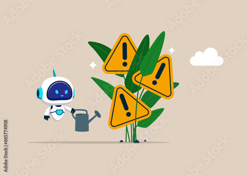 Root cause analysis or solving problem. Robot with artificial intelligence finish watering growing seedling with exclamation attention sign flower. Flat vector illustration
