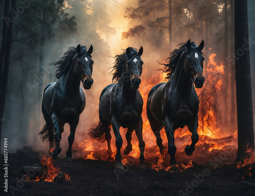 Three black horses running from fire, ai generated photo