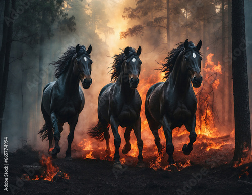 Three black horses running from fire, ai generated